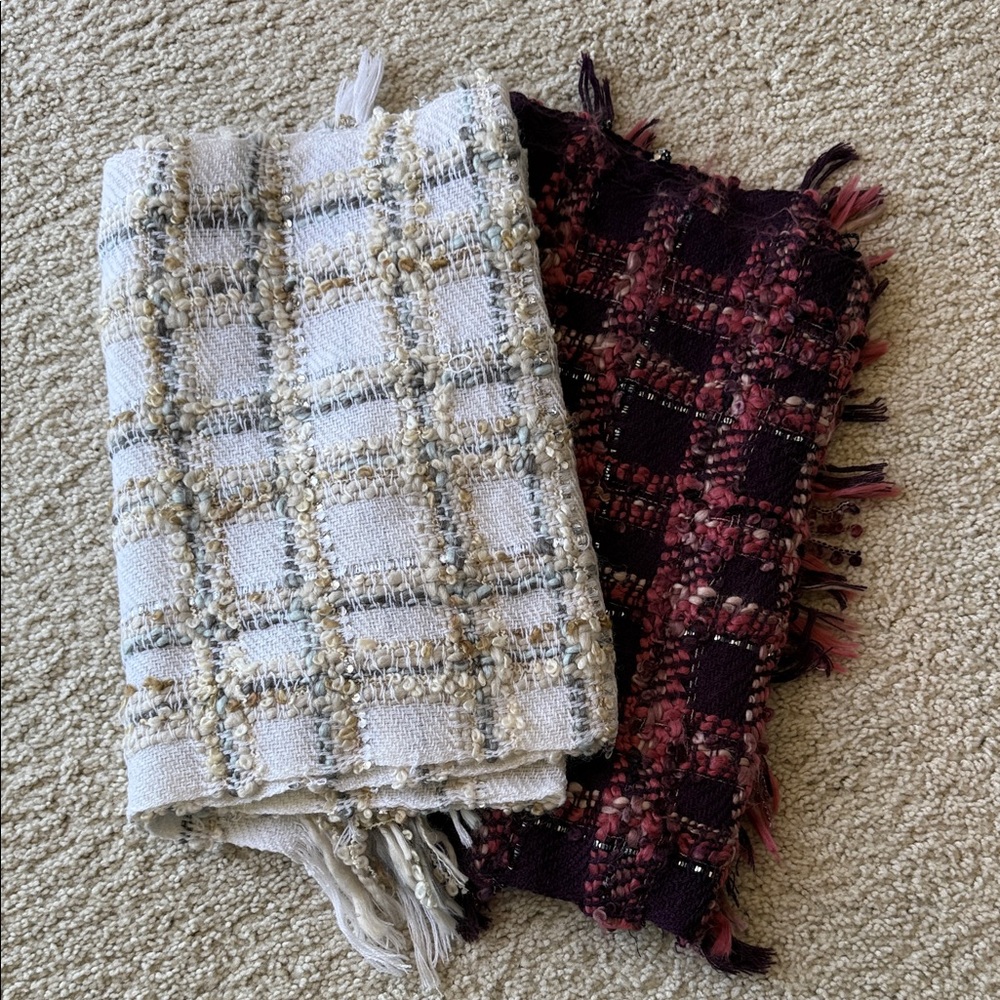 LOFT Set of Two Plaid Textured Scarves in Cream and Burgundy